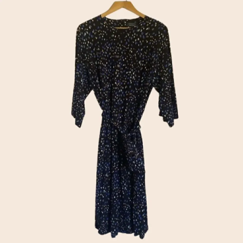 & Other Stories Navy Midi Dress w/ Multicolor Polka Dots and Wrap Waist Size 8
